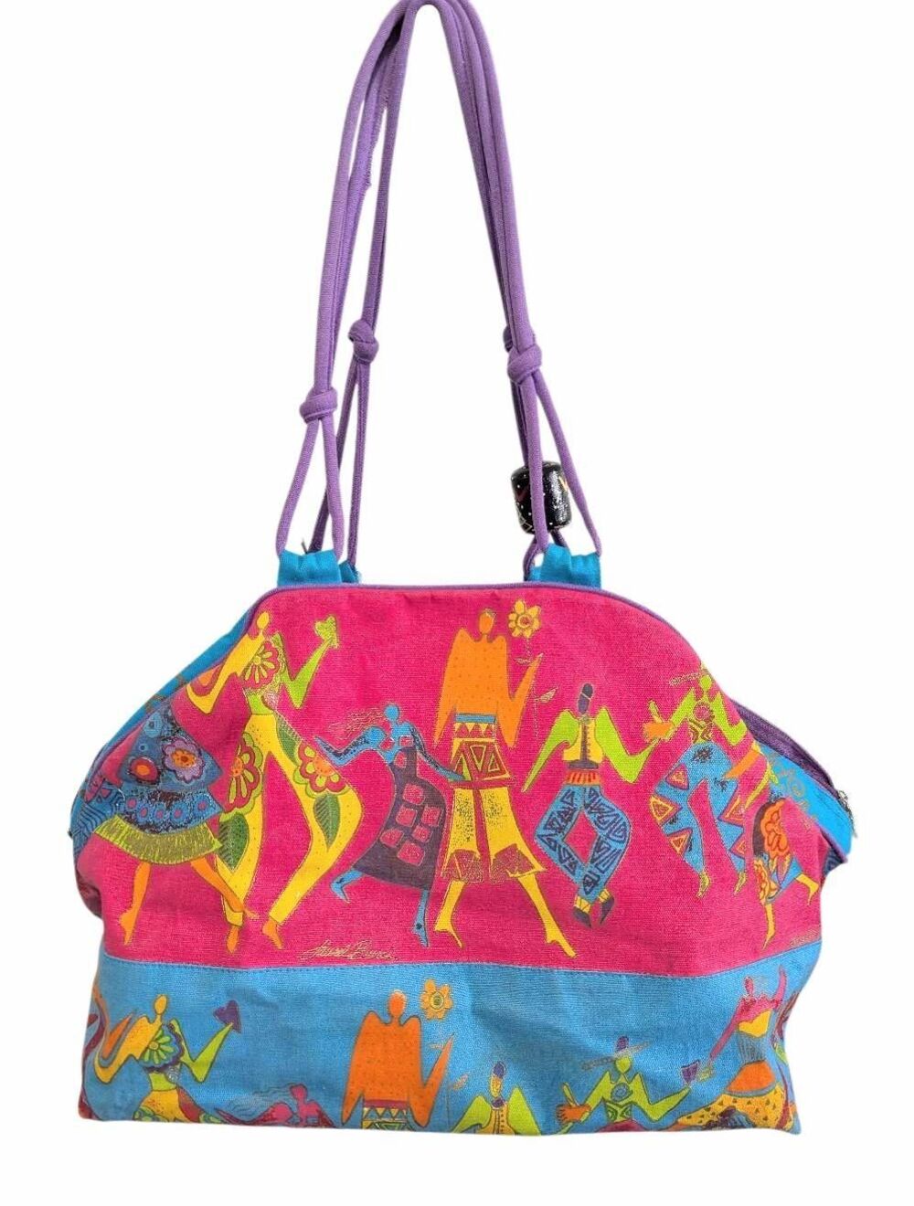 90s Laurel Burch multicolor dancing people large duffle overnight beach bag - Picture 3 of 10